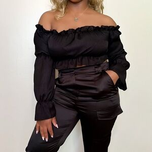 Black Satin Cargo Pants